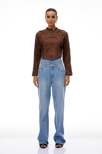 Honorine Brown Suede Crop Biker Jacket
