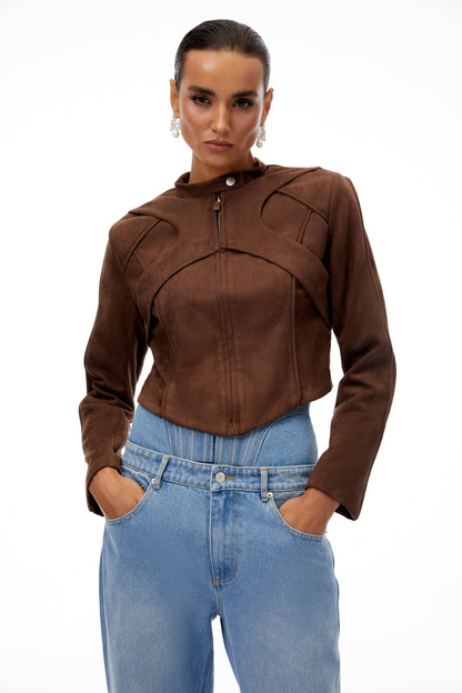 Honorine Brown Suede Crop Biker Jacket