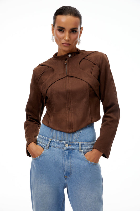Honorine Brown Suede Crop Biker Jacket