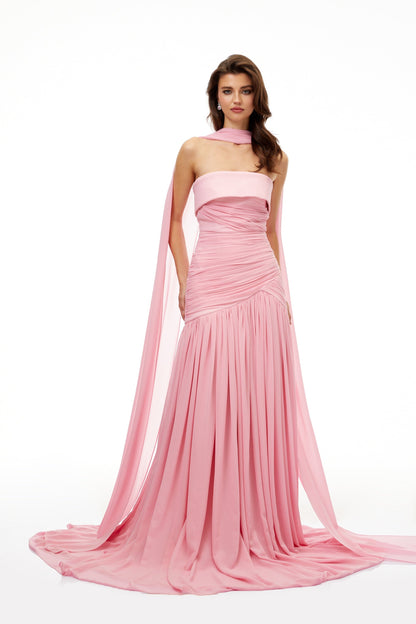Laetitia Pink Pleated Train Ruched Maxi Dress
