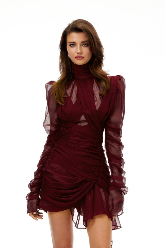 Théa Bordo Asimetrik Dantelli Mini Elbise