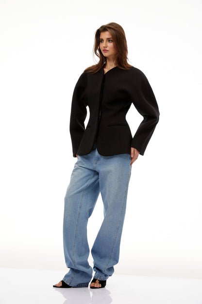 Consuelo Siyah Yakasız Peplum Bel Blazer