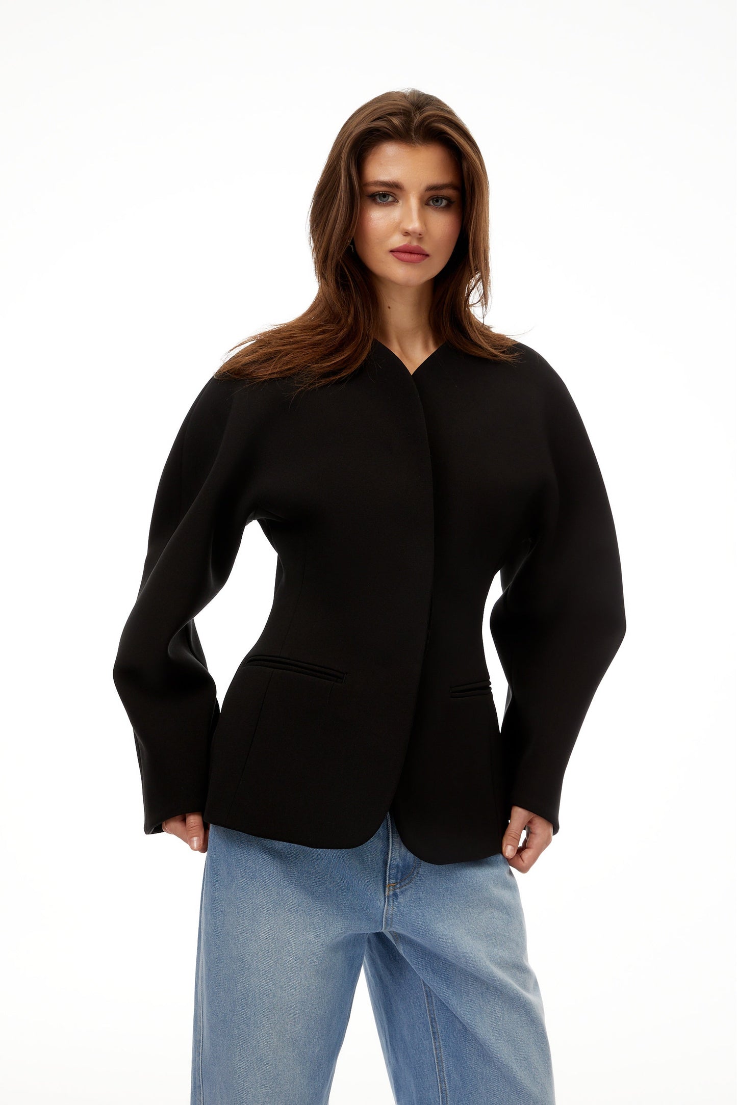 Consuelo Siyah Yakasız Peplum Bel Blazer
