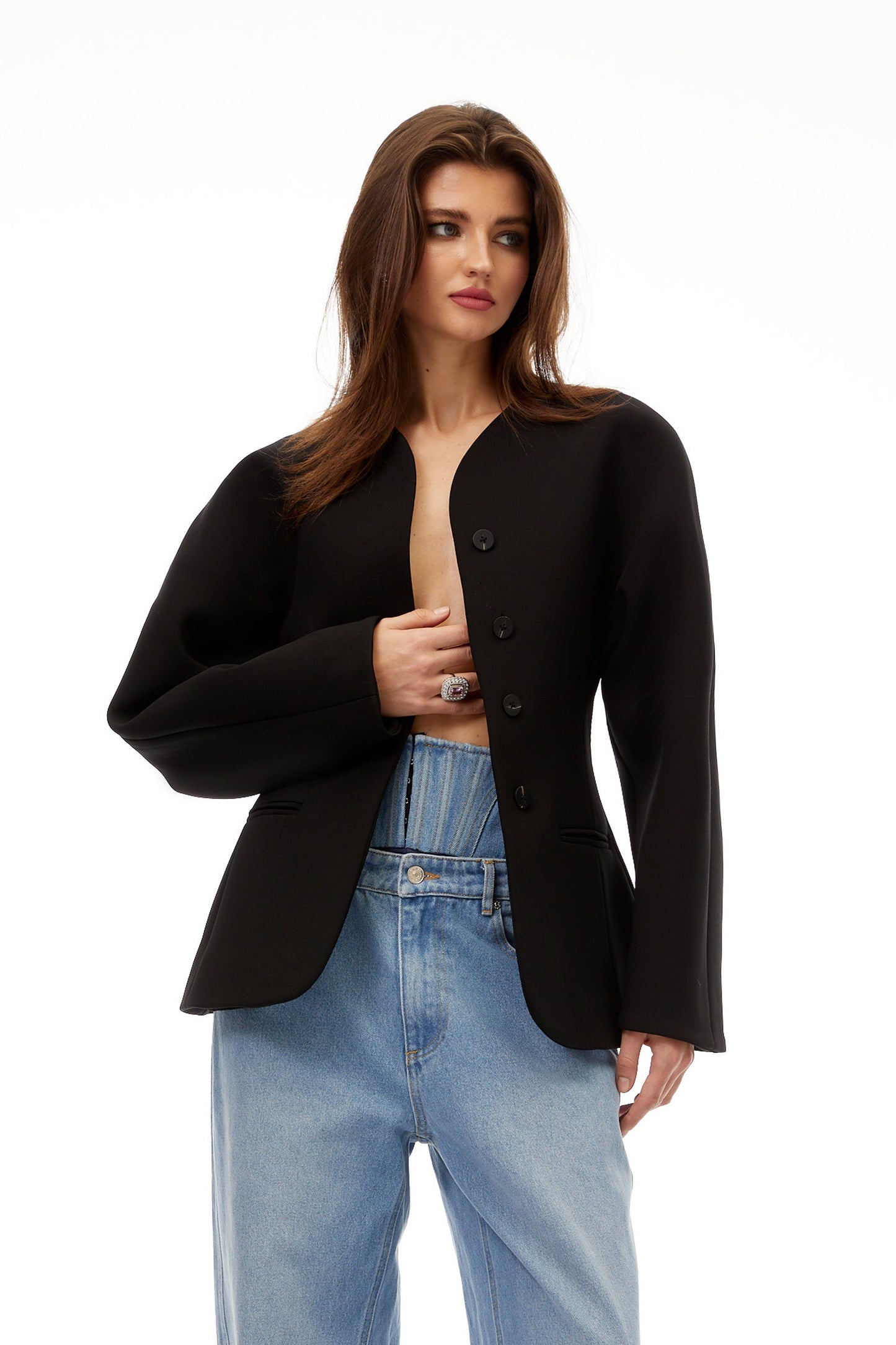Consuelo Siyah Yakasız Peplum Bel Blazer