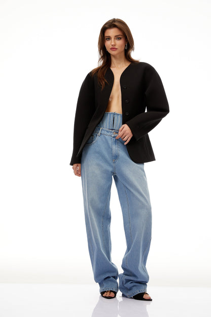Consuelo Siyah Yakasız Peplum Bel Blazer