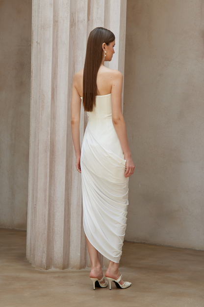 Wanda White Asymmetrical Ruched Midi Dress