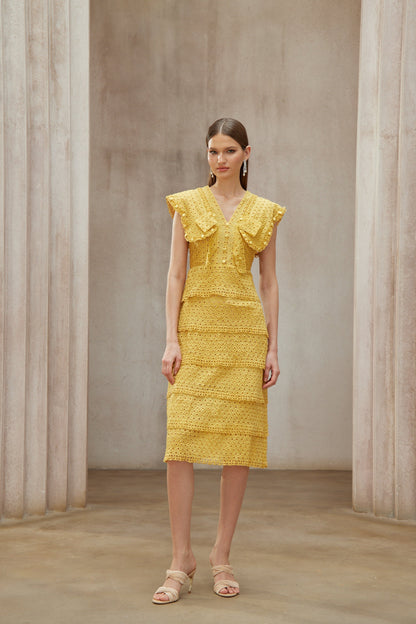 Fidji Yellow Layered Embroidered Midi Dress