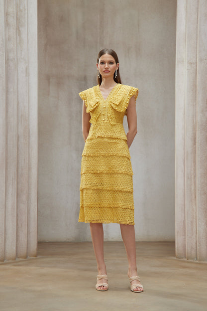 Fidji Yellow Layered Embroidered Midi Dress