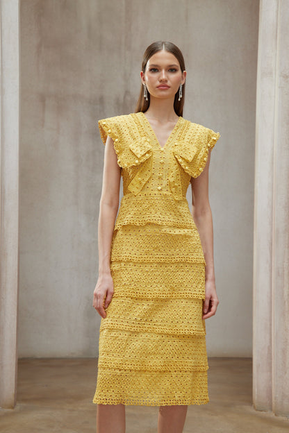 Fidji Yellow Layered Embroidered Midi Dress