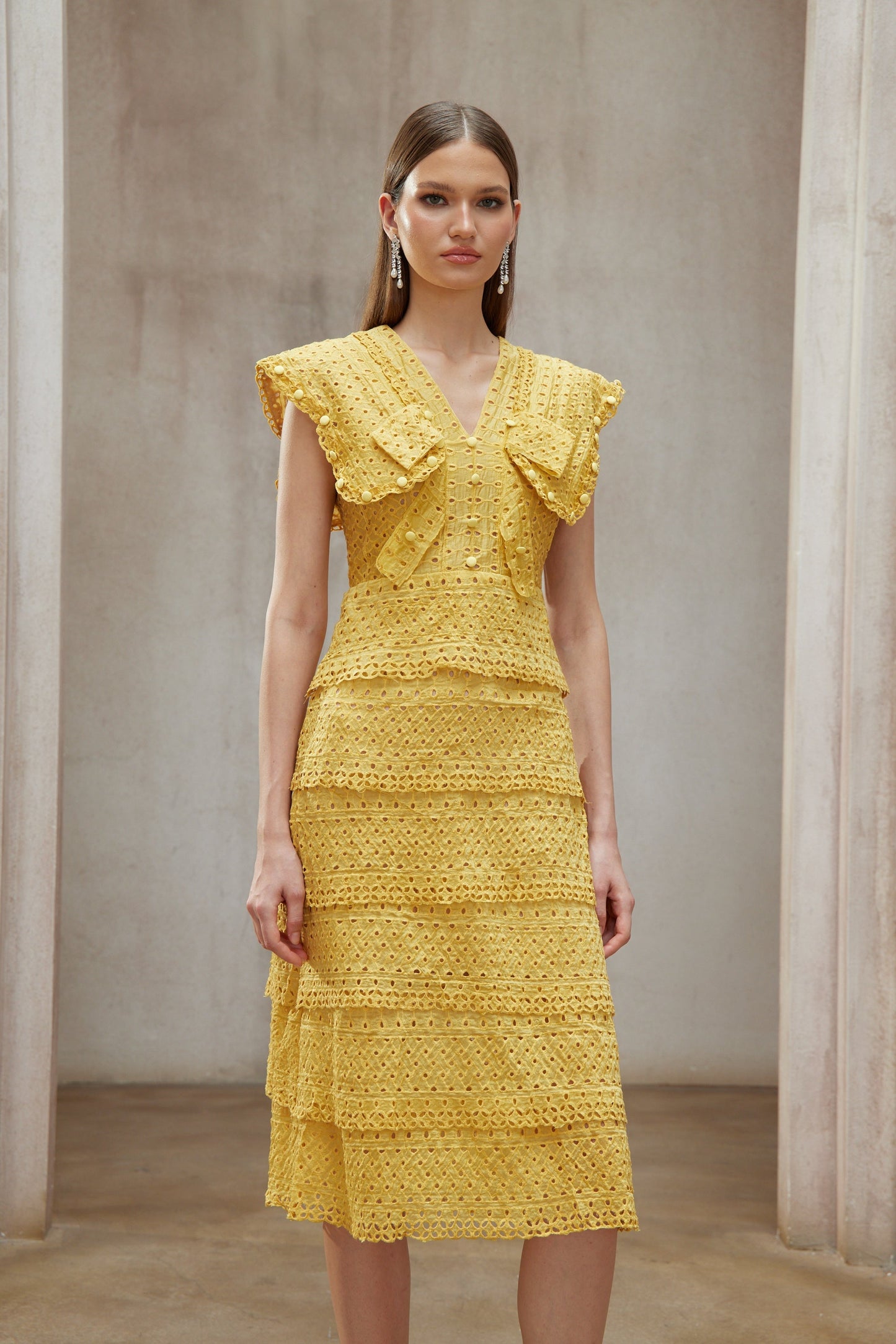 Fidji Yellow Layered Embroidered Midi Dress