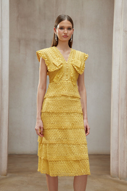 Fidji Yellow Layered Embroidered Midi Dress