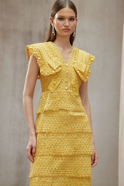 Fidji Yellow Layered Embroidered Midi Dress