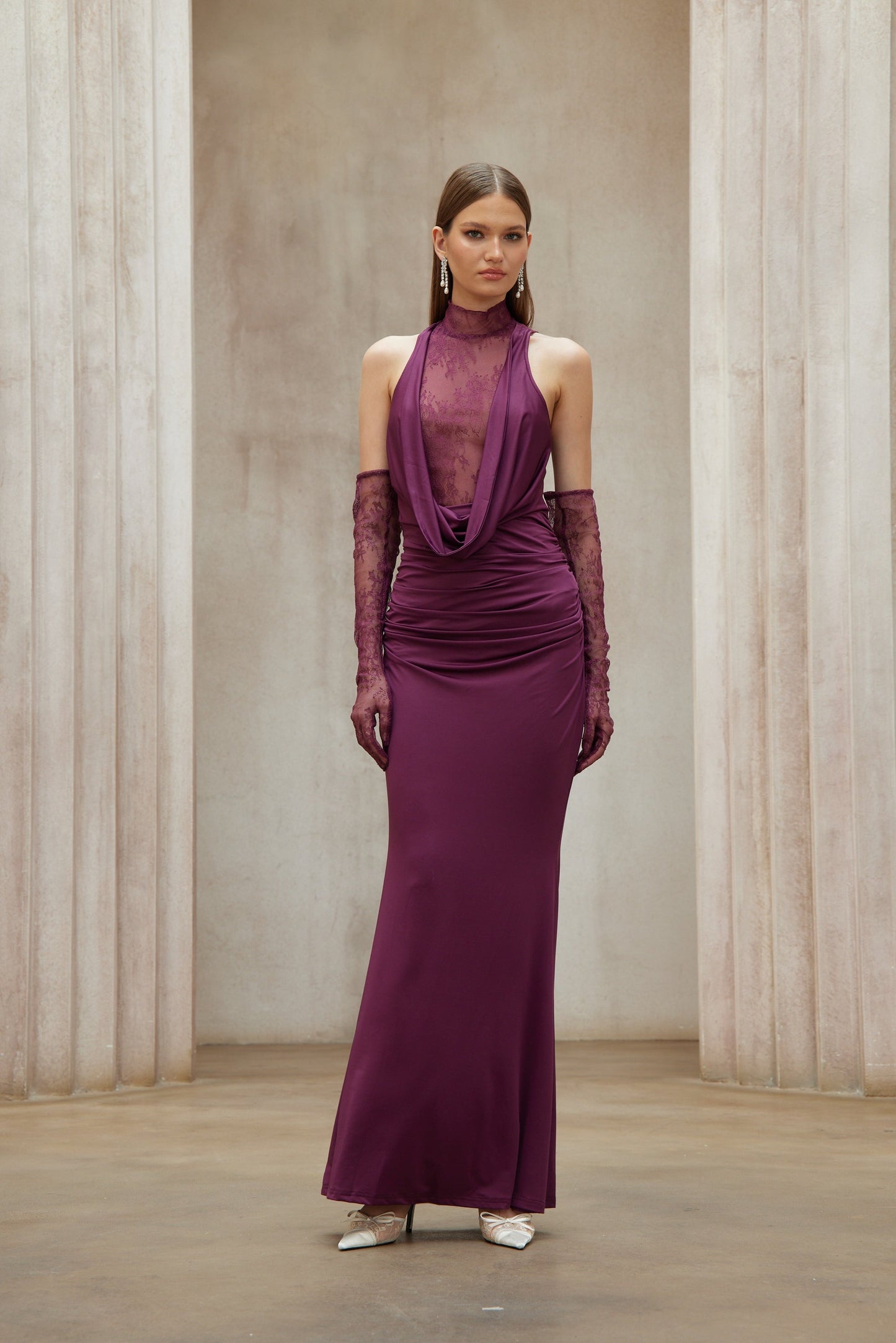 Borbála Magenta Lace Bodice Ruched Maxi Dress