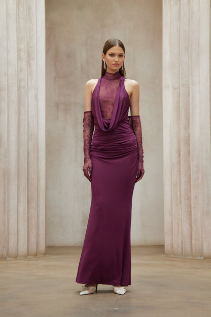 Borbála Magenta Lace Bodice Ruched Maxi Dress