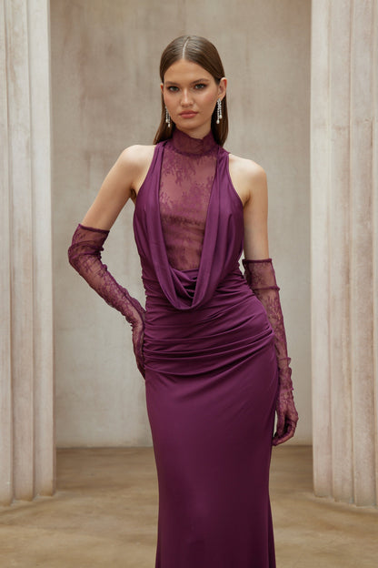 Borbála Magenta Lace Bodice Ruched Maxi Dress