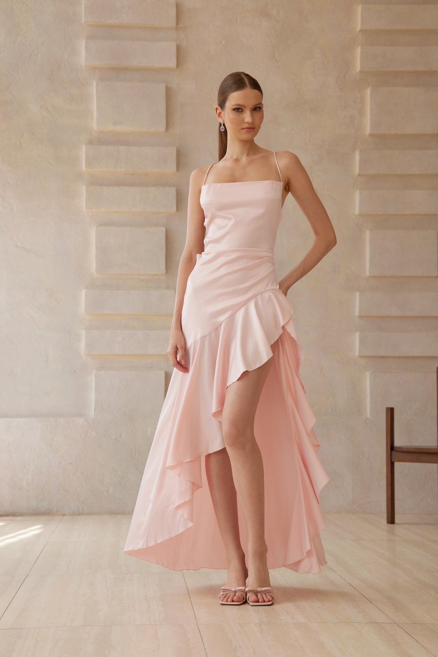 Léna Pink Asymmetrical Satin Midi Dress