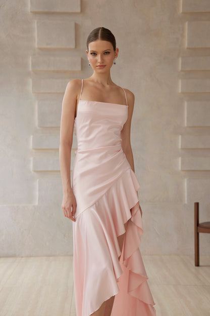 Léna Pink Asymmetrical Satin Midi Dress