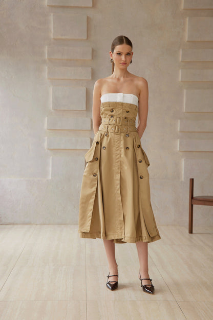 Alba Khaki Trench Style Midi Dress