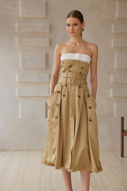 Alba Khaki Trench Style Midi Dress