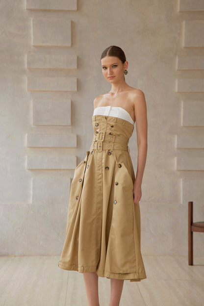 Alba Khaki Trench Style Midi Dress