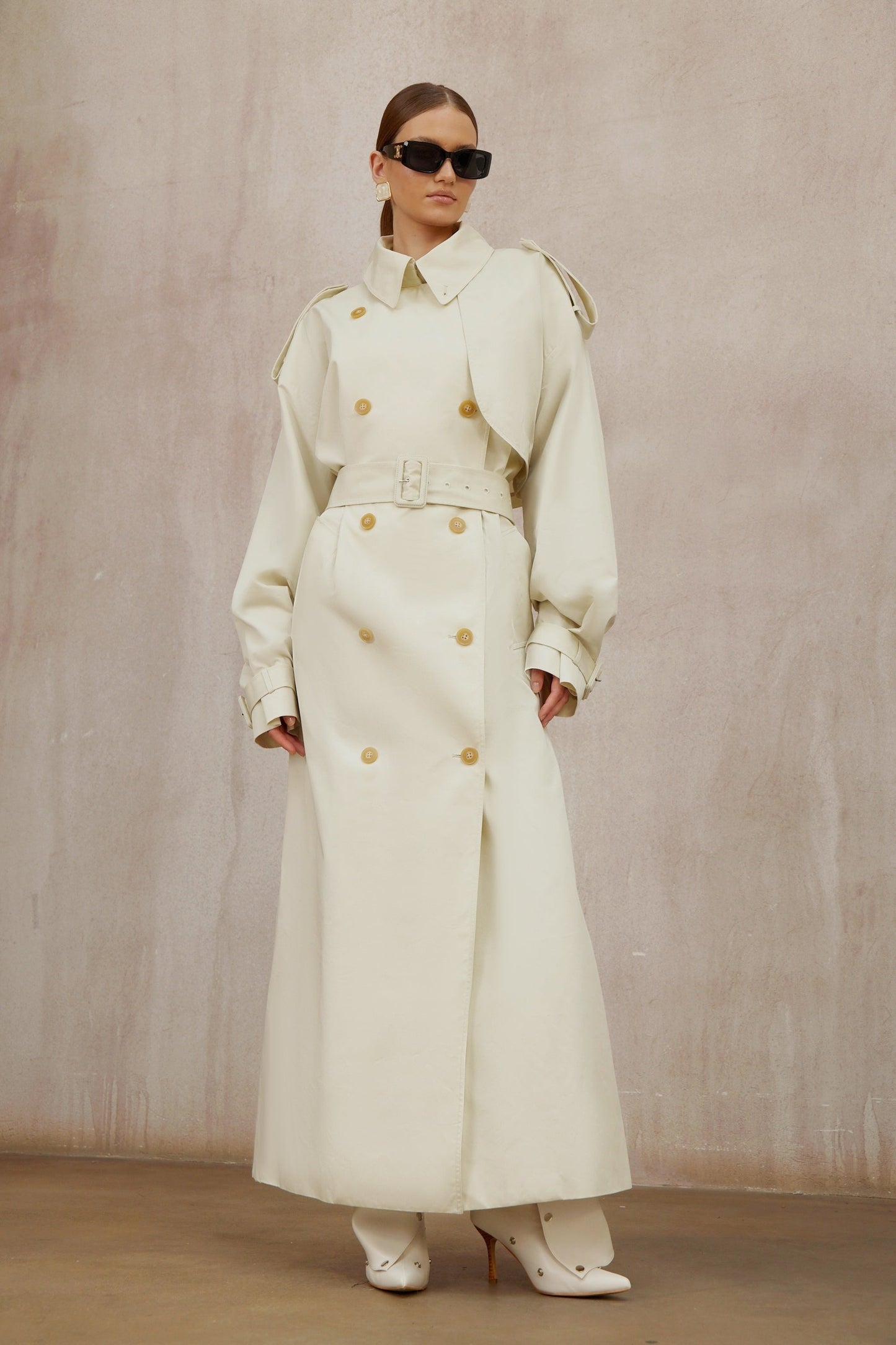 Bruyère White Double-Breasted Long Trench Coat