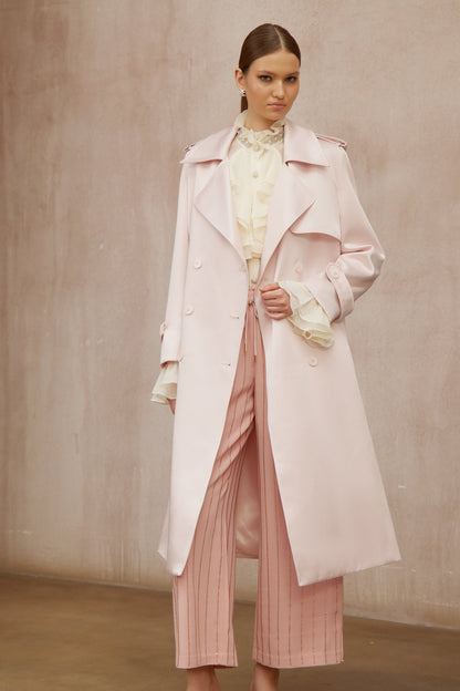 Caméo Pink Double-Breasted Satin Trench Overcoat