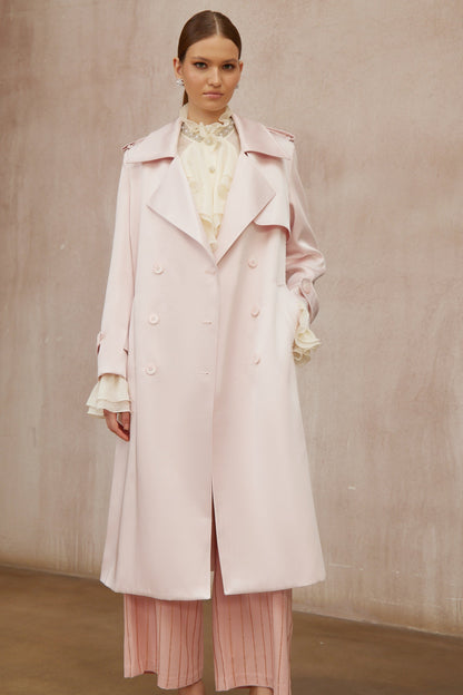 Caméo Pink Double-Breasted Satin Trench Overcoat