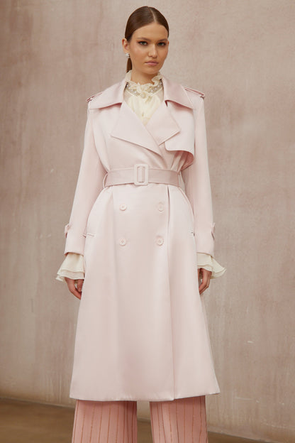 Caméo Pink Double-Breasted Satin Trench Overcoat
