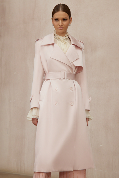Caméo Pink Double-Breasted Satin Trench Overcoat