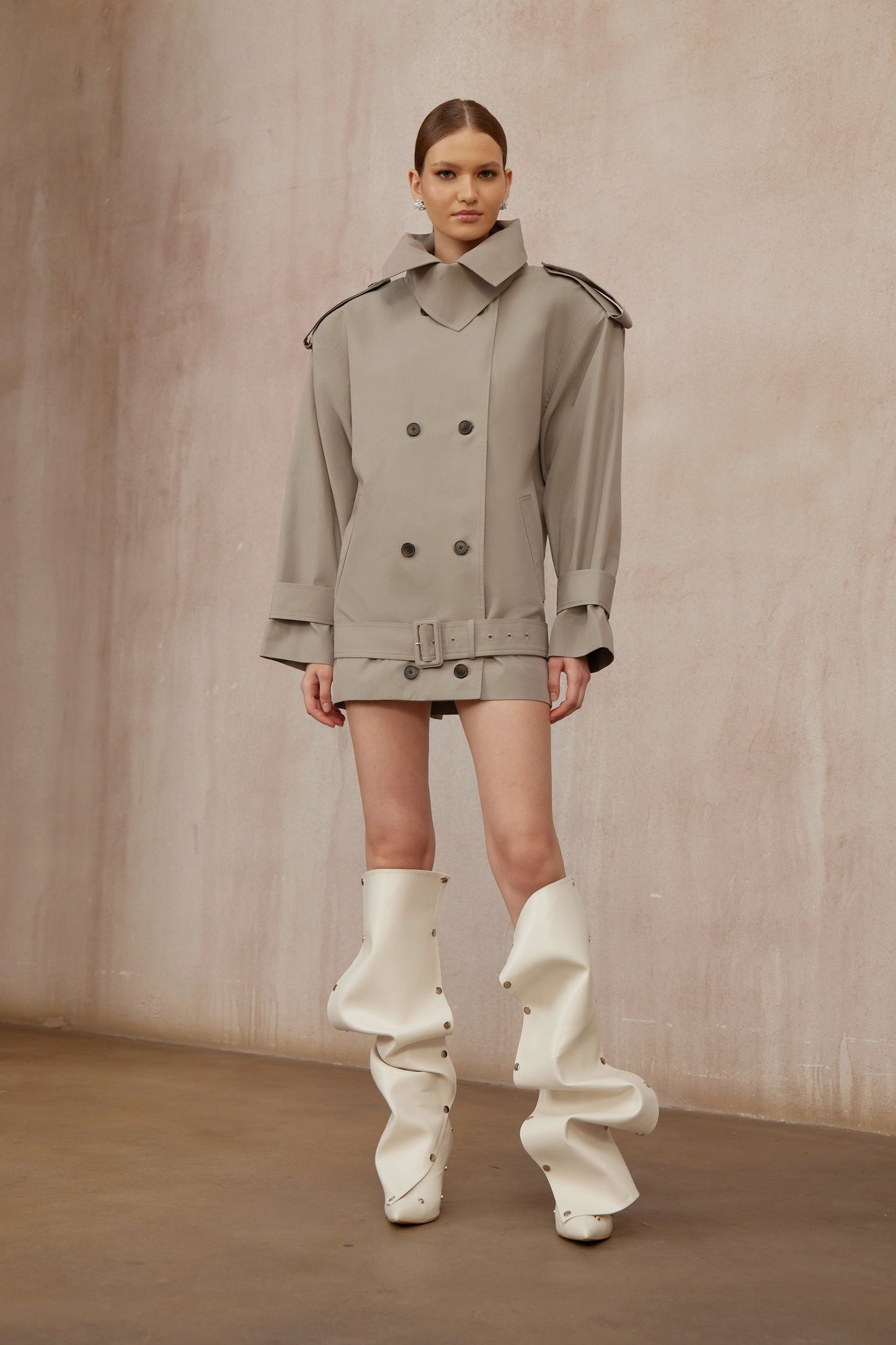Mavis Grey Double-Breasted Belted Trench Coat