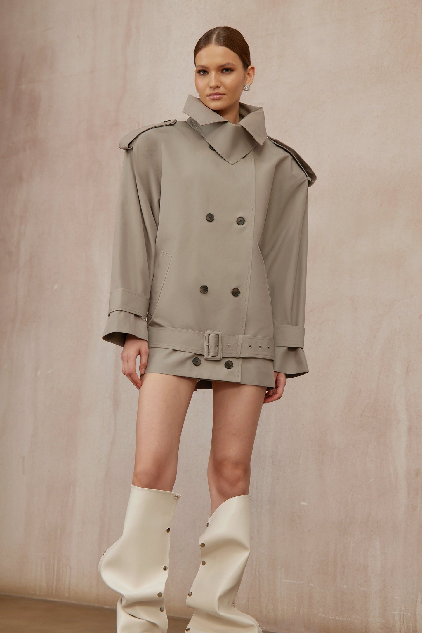 Mavis Grey Double-Breasted Belted Trench Coat