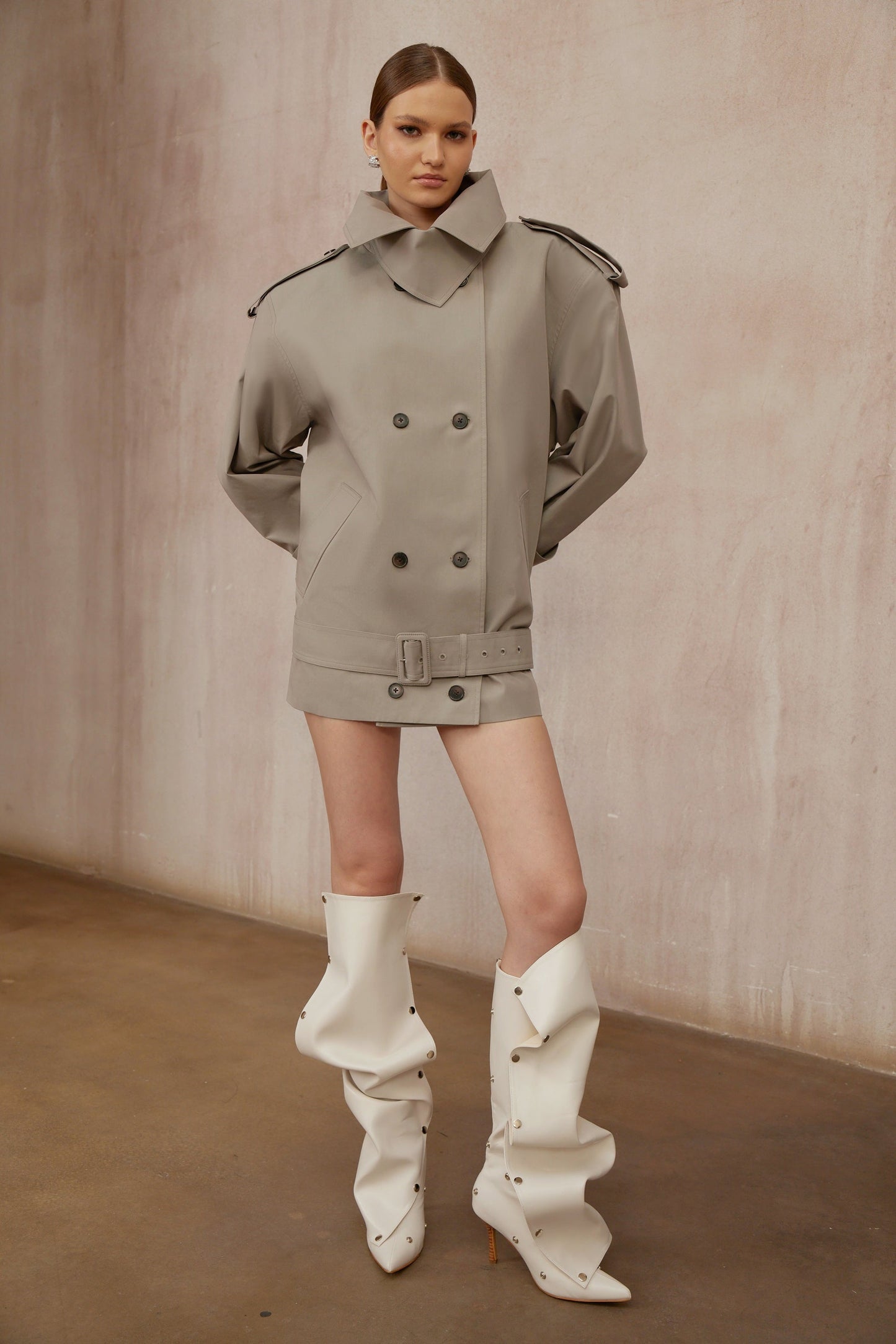 Mavis Grey Double-Breasted Belted Trench Coat