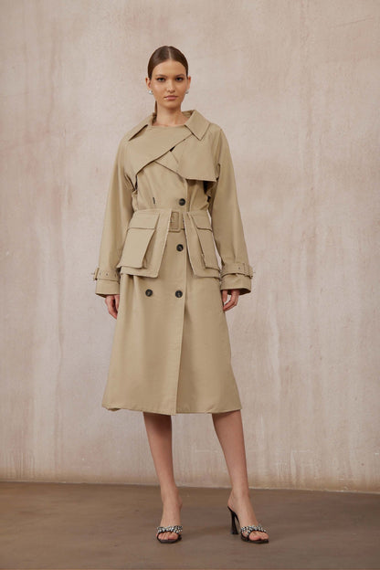 Raquel Khaki Asymmetrical Long Trench Coat