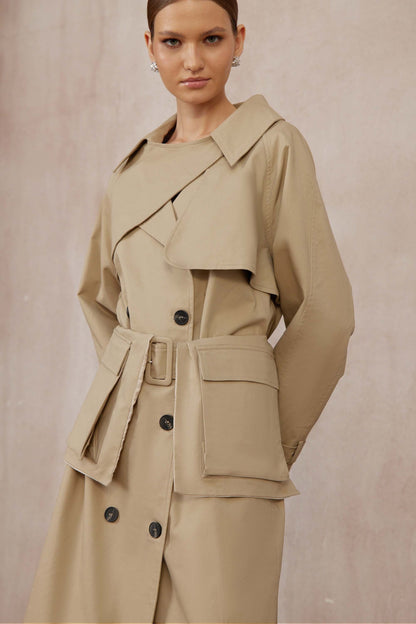 Raquel Khaki Asymmetrical Long Trench Coat