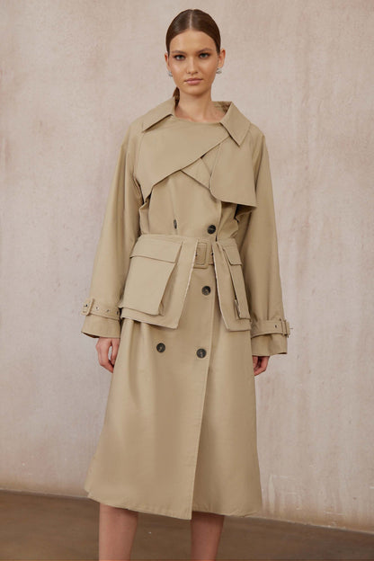 Raquel Khaki Asymmetrical Long Trench Coat