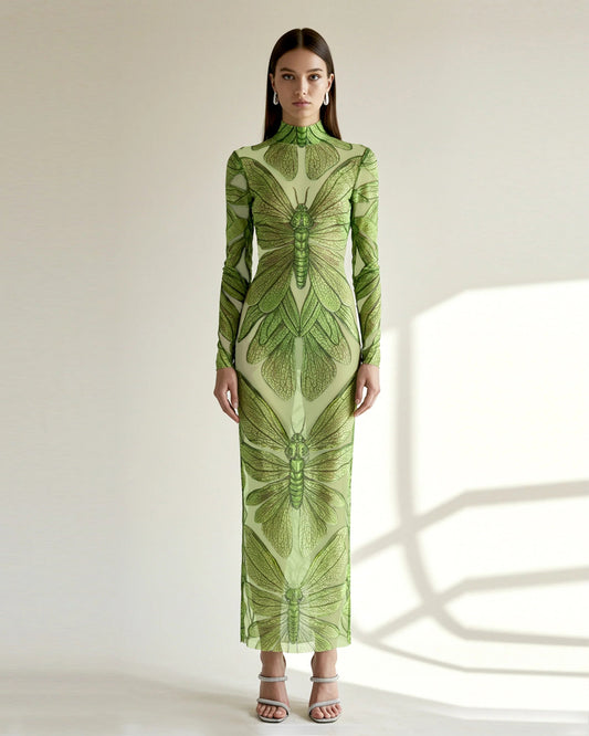 Emerald Dragonfly Sheer Mesh Gown - Green
