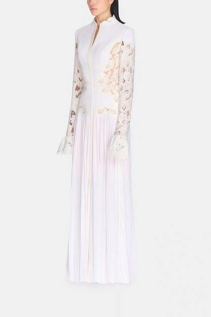 Chiara White Lace Panel Pleated Midi Dress