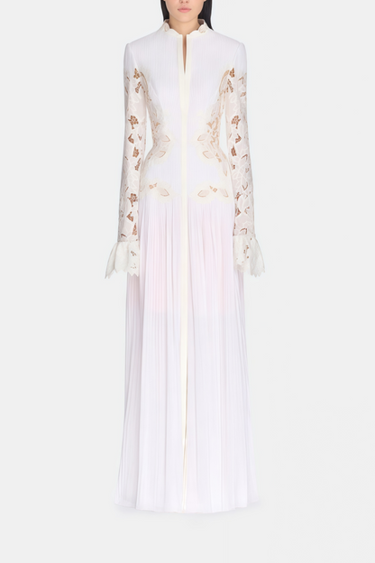 Chiara White Lace Panel Pleated Midi Dress