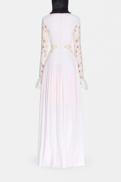 Chiara White Lace Panel Pleated Midi Dress