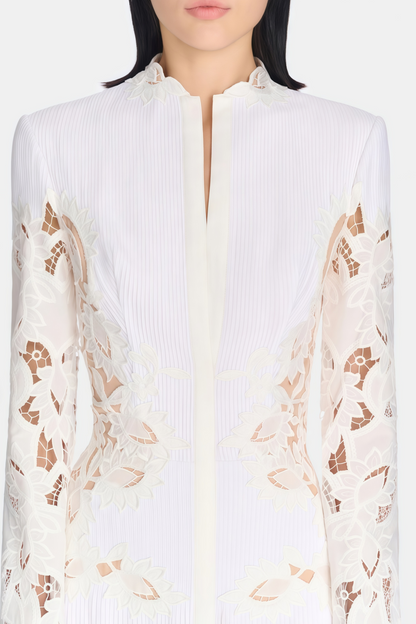 Chiara White Lace Panel Pleated Midi Dress