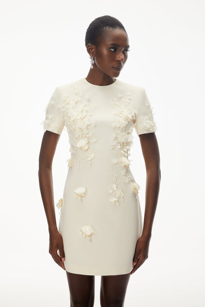 Skye Ivory Round Neck Mini Dress with Floral Applique