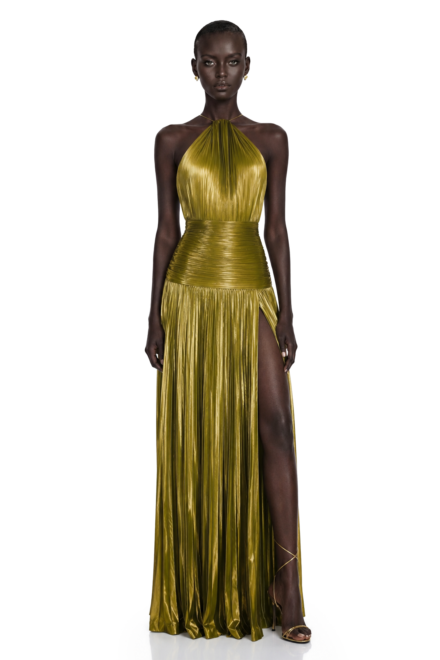 Alchimie Gold Glossy Pleated Maxi Dress