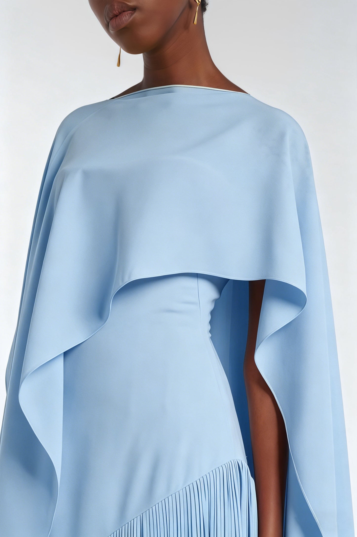Cayetana Sapphire Blue Fringe Maxi Dress with Cape Effect