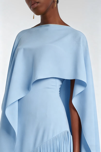 Cayetana Sapphire Blue Fringe Maxi Dress with Cape Effect