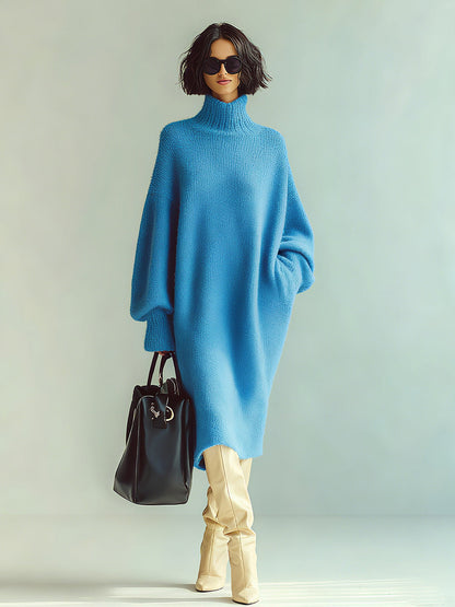 Noeva Paris Chic Casual Mavi Balıkçı Yaka Oversize Uzun Kollu Örgü Midi Elbise