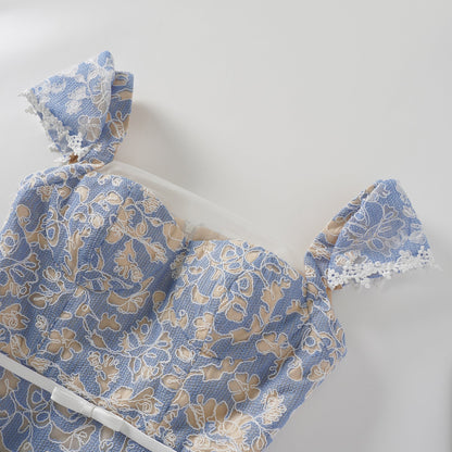 Gaëlle Blue Floral Embroidered Midi Dress