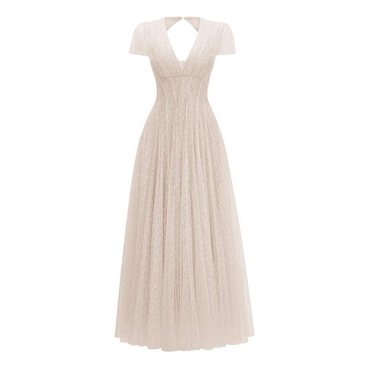 Radiya Cream White Floral Lace Pleated Maxi Dress