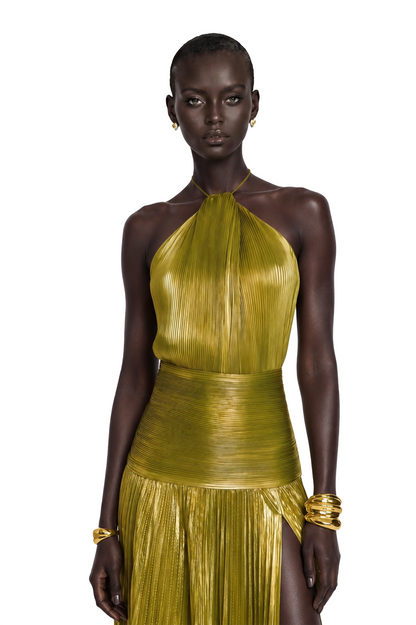 Alchimie Gold Glossy Pleated Maxi Dress