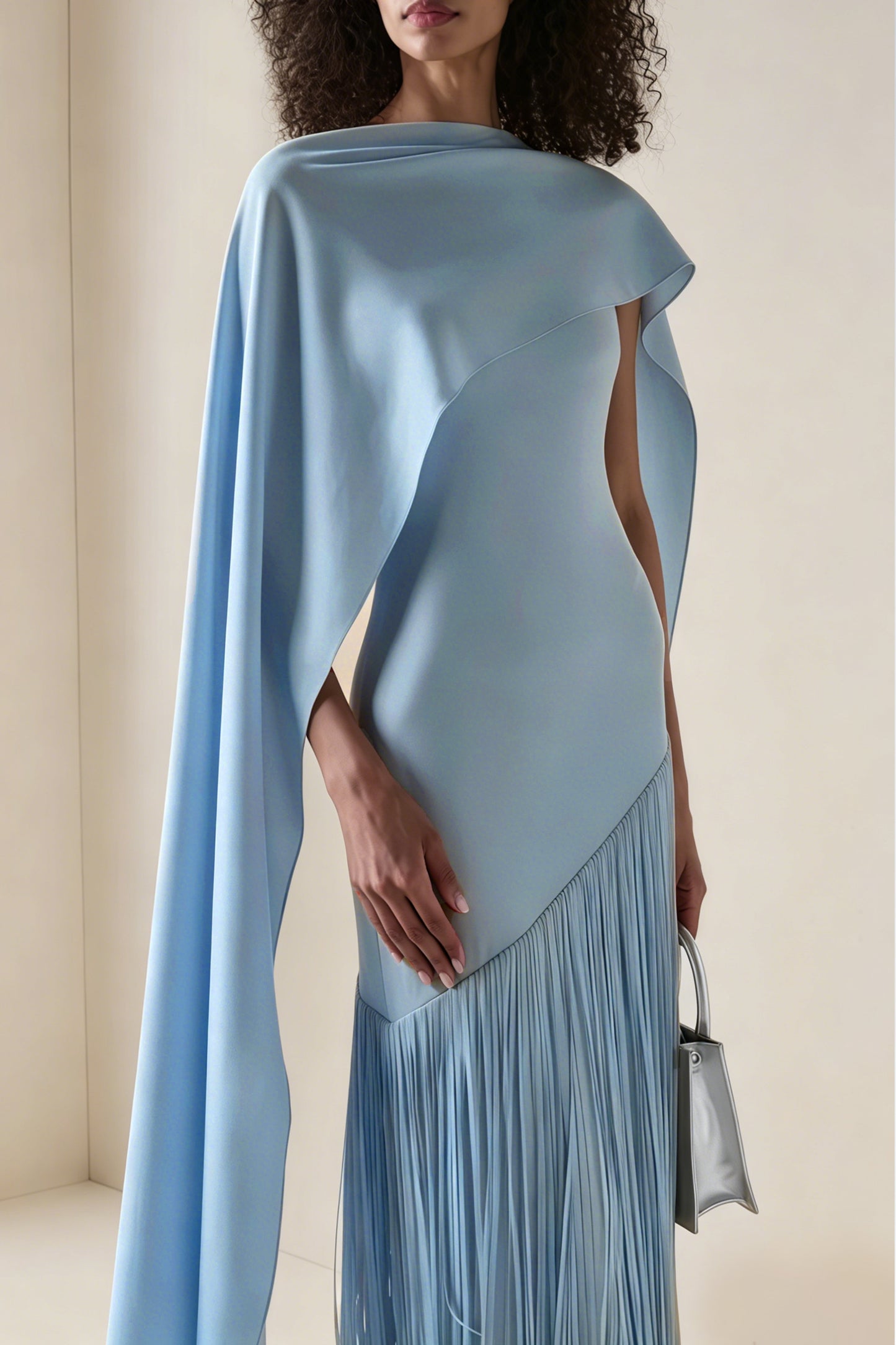 Cayetana Sapphire Blue Fringe Maxi Dress with Cape Effect