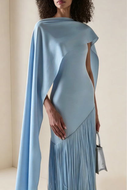 Cayetana Sapphire Blue Fringe Maxi Dress with Cape Effect